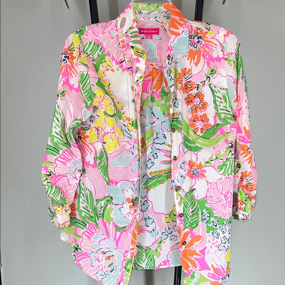 Lilly Pulitzer Floral Button Down Shirt - Pink, Green, Orange